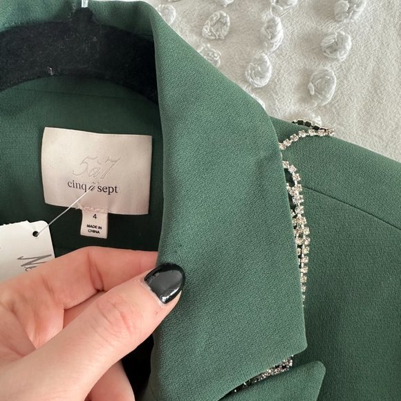 Cinq à Sept Cheyenne Blazer Jacket Rhinestone Fringe Dark Emerald Womens Sz 4 - Picture 4 of 13